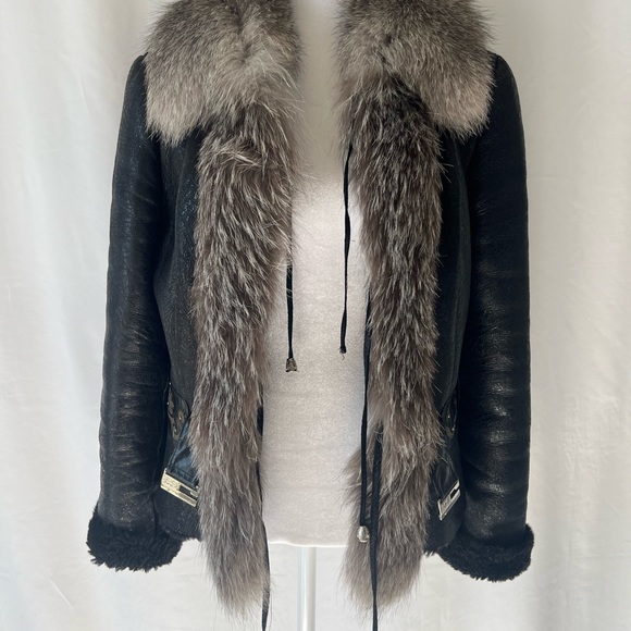 Manzari Milano black leather shearling with fox fur trim winter jacket. Size 38 - Picture 8 of 9